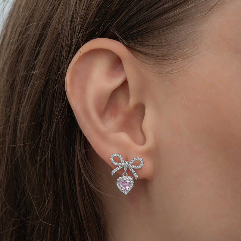 Silver Bow Pink Stone Heart Stud Women’s Earrings