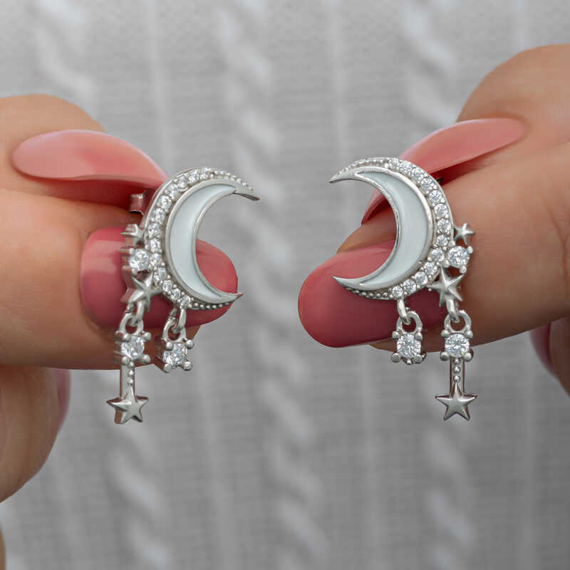 Silver Dangling Crescent Star Women’s Earrings