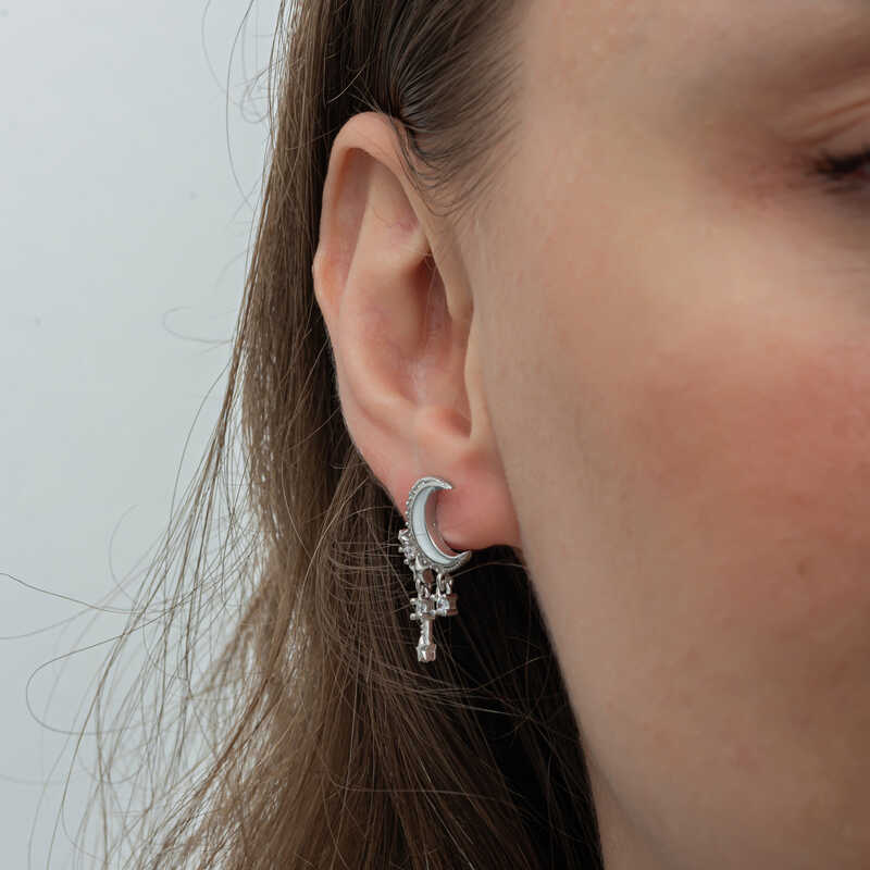 Silver Dangling Crescent Star Women’s Earrings