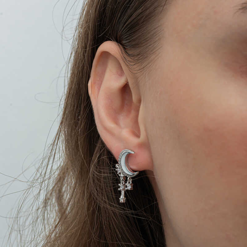 Silver Dangling Crescent Star Women’s Earrings
