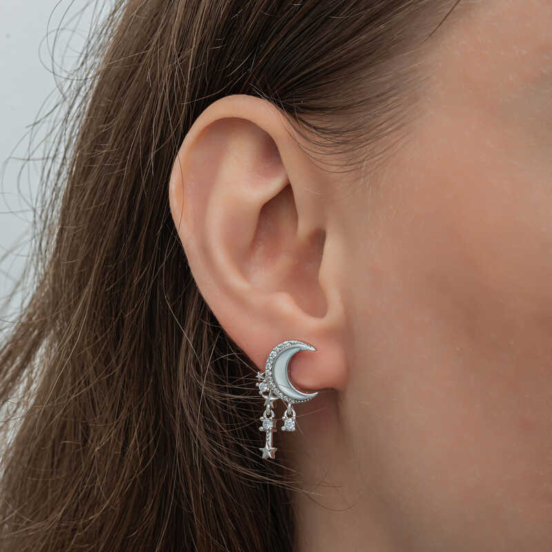 Silver Dangling Crescent Star Women’s Earrings