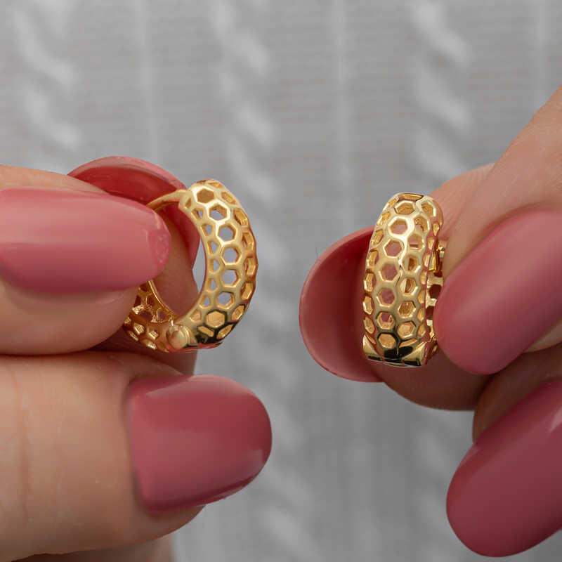 Silver Gold Honeycomb Patterned Hoop Women’s Earrings