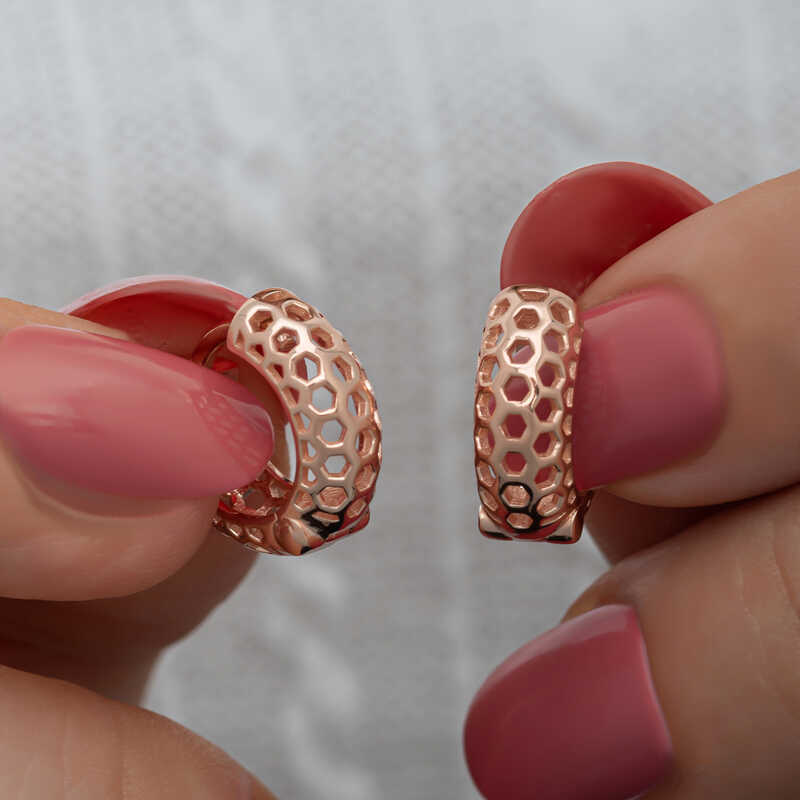 Silver Rose Honeycomb Patterned Hoop Earrings for Women