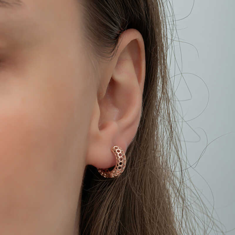 Silver Rose Honeycomb Patterned Hoop Earrings for Women