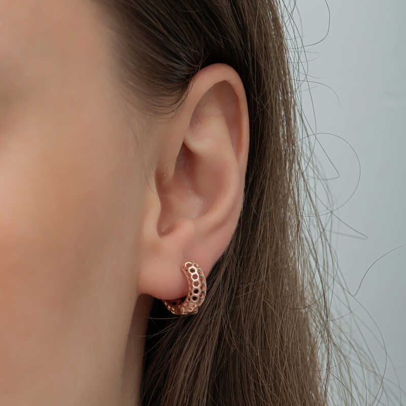 Silver Rose Honeycomb Patterned Hoop Earrings for Women