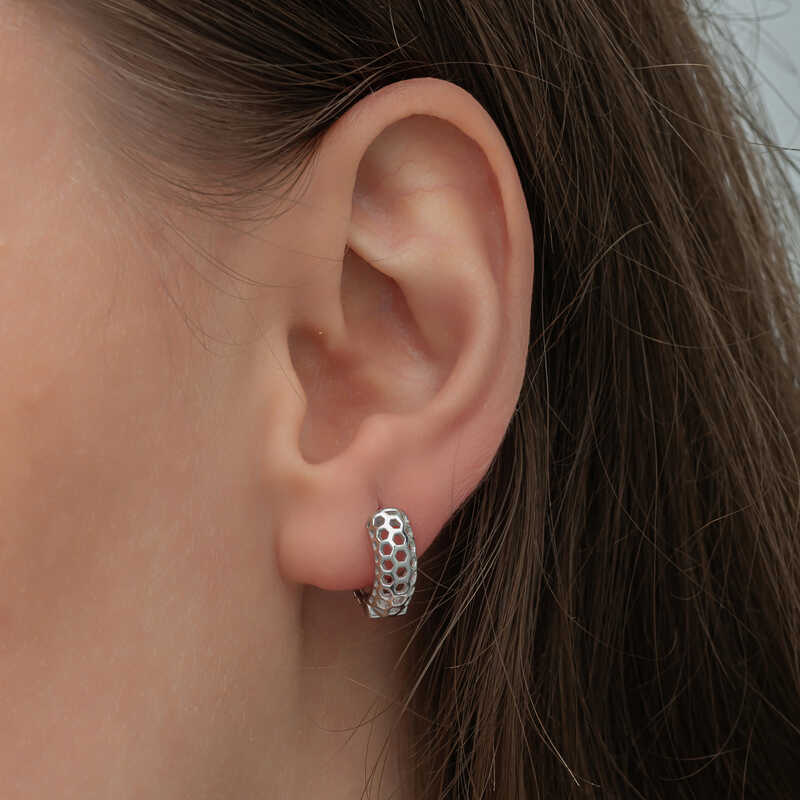 Silver Honeycomb Patterned Hoop Earrings for Women