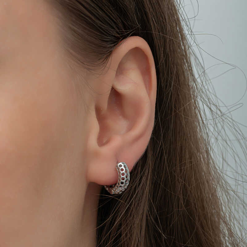 Silver Honeycomb Patterned Hoop Earrings for Women