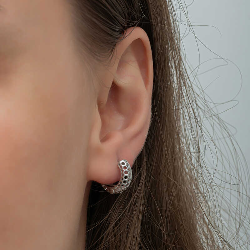Silver Honeycomb Patterned Hoop Earrings for Women