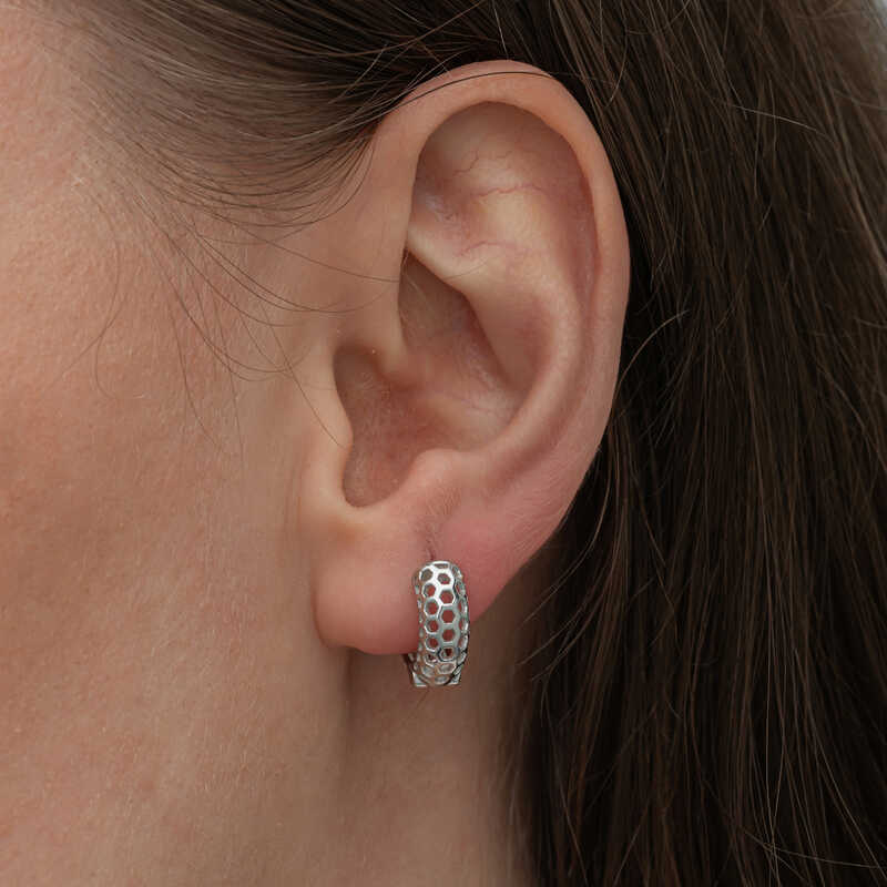 Silver Honeycomb Patterned Hoop Earrings for Women