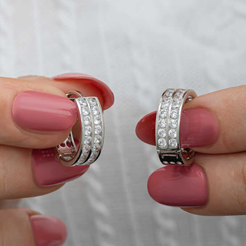 Silver Row Stone Hoop Earrings for Women