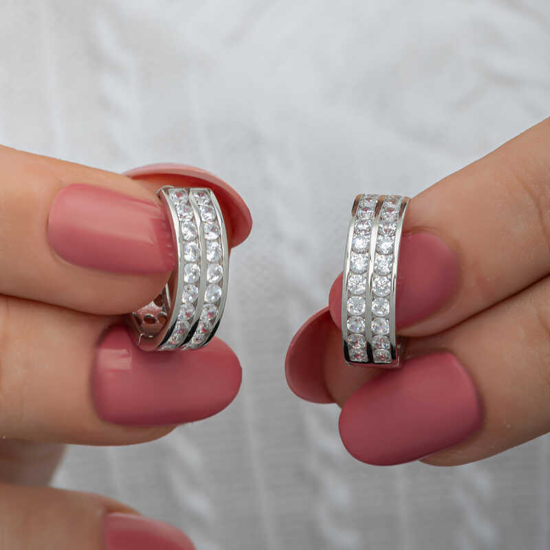 Silver Row Stone Hoop Earrings for Women