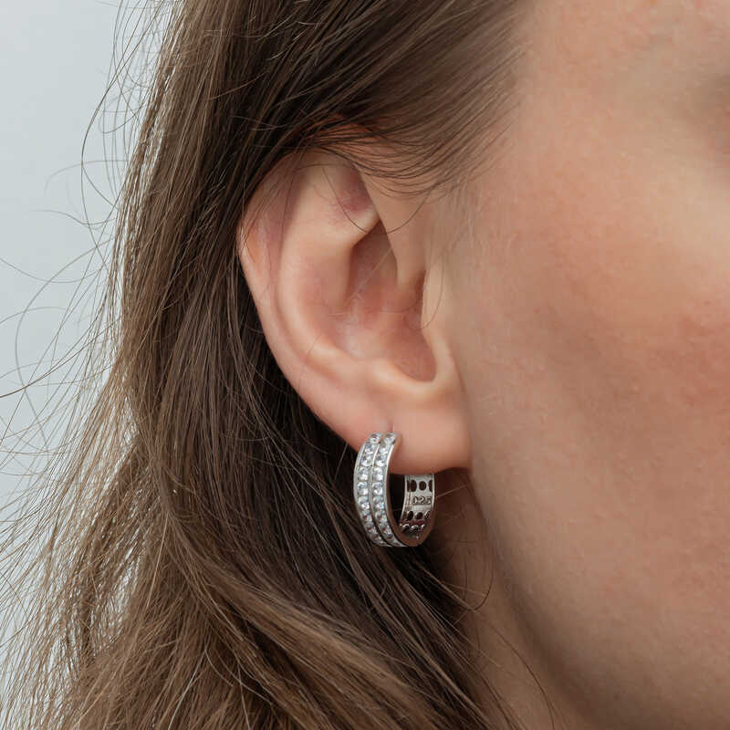 Silver Row Stone Hoop Earrings for Women