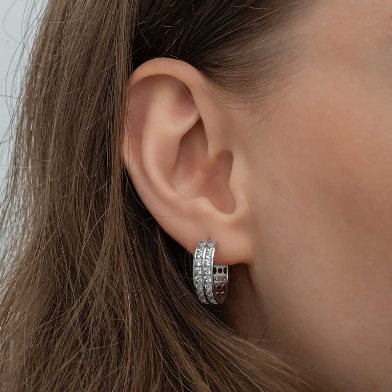 Silver Row Stone Hoop Earrings for Women
