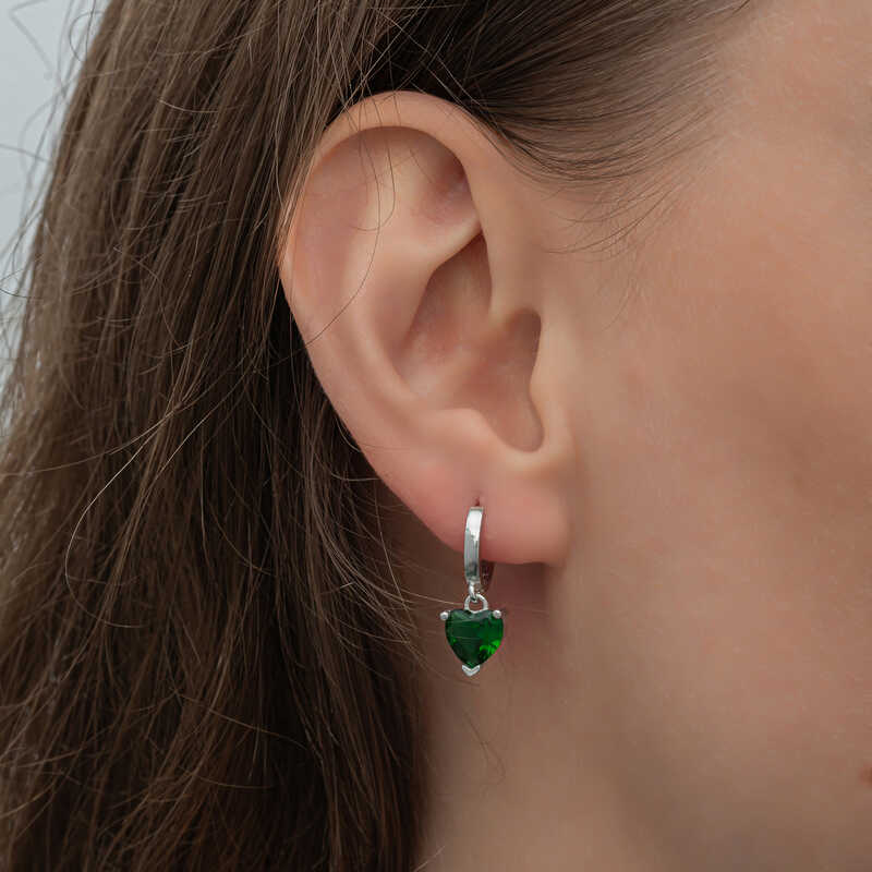 Silver Green Stone Heart Women’s Earrings