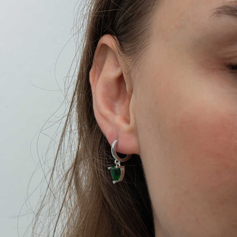 Silver Green Stone Heart Women’s Earrings