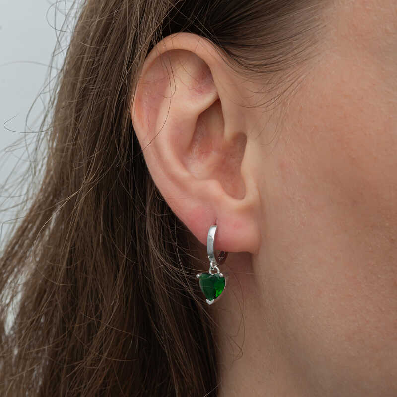 Silver Green Stone Heart Women’s Earrings