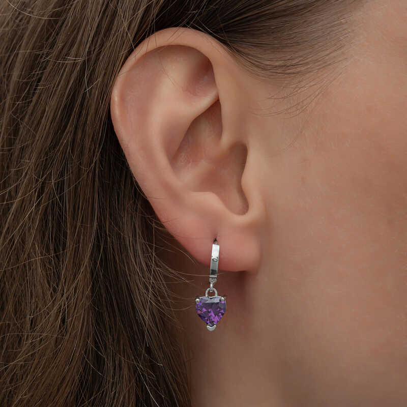 Silver Purple Stone Heart Women’s Earrings