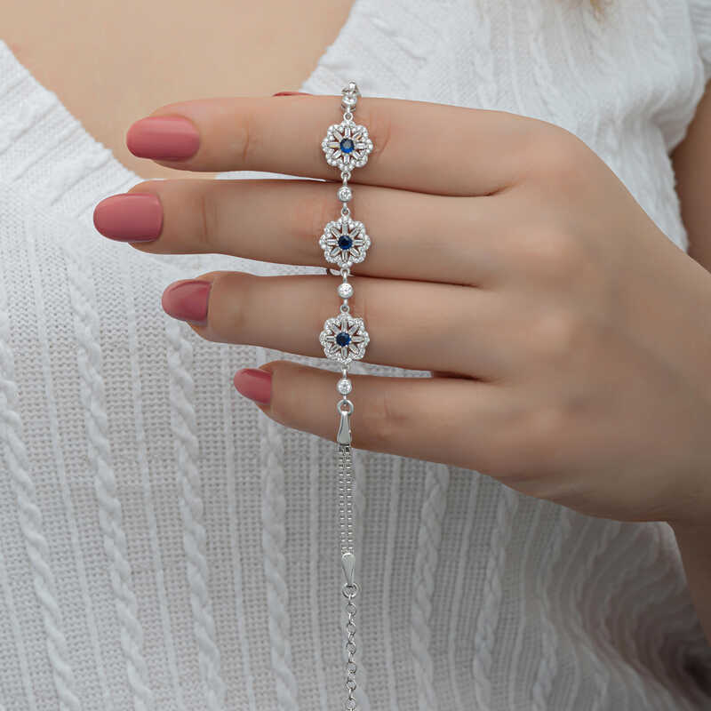Silver Baguette Flower Patterned Women’s Bracelet