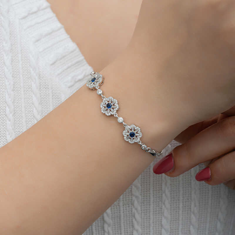 Silver Baguette Flower Patterned Women’s Bracelet