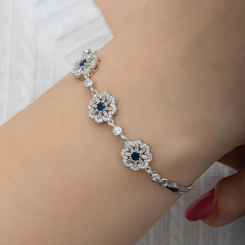 Silver Baguette Flower Patterned Women’s Bracelet