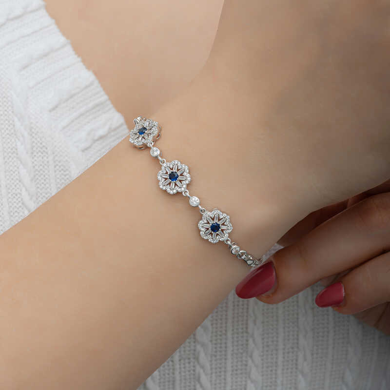 Silver Baguette Flower Patterned Women’s Bracelet