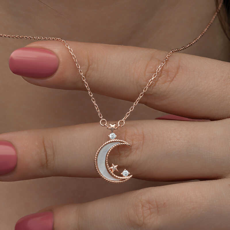 Silver Rose Crescent Star Women’s Necklace