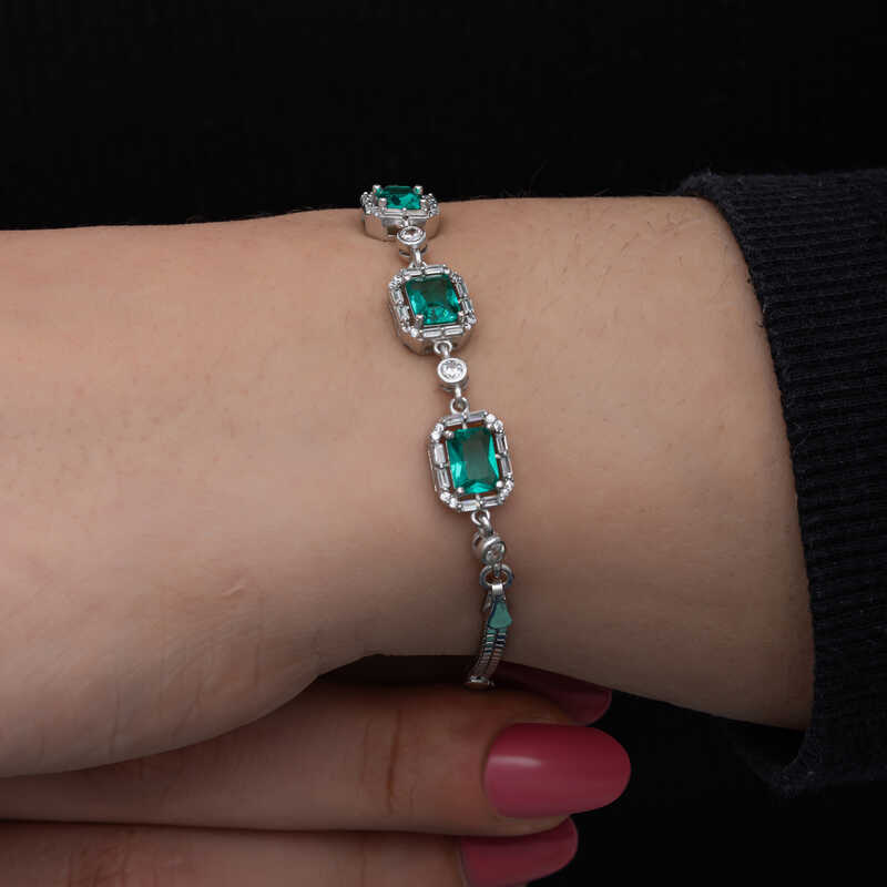 Silver Baguette Green Stone Women’s Bracelet