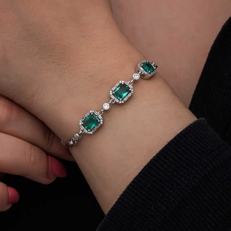Silver Baguette Green Stone Women’s Bracelet