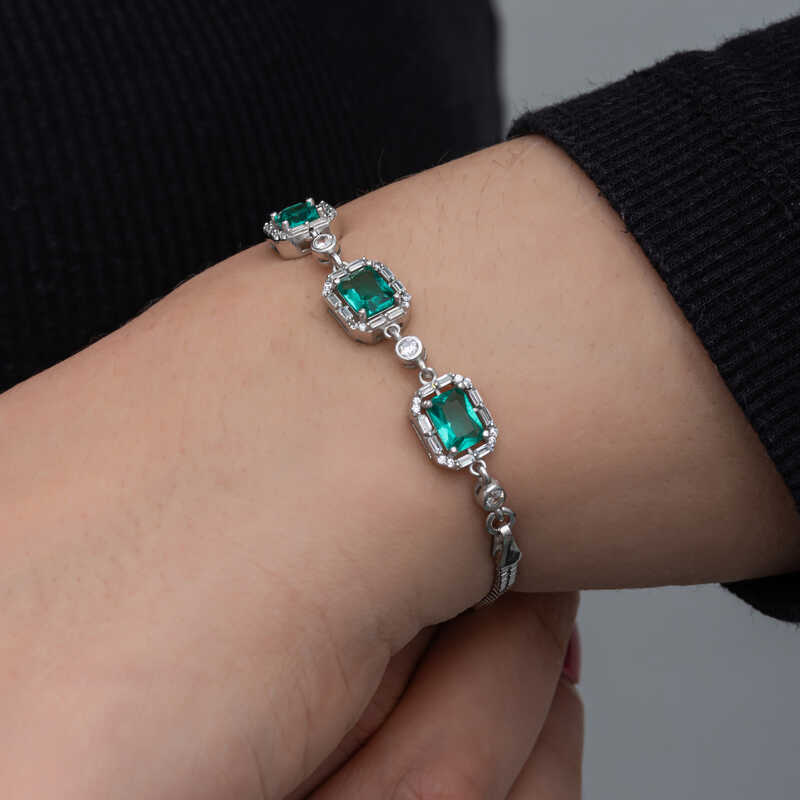 Silver Baguette Green Stone Women’s Bracelet