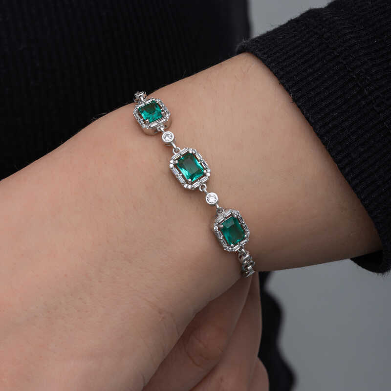 Silver Baguette Green Stone Women’s Bracelet