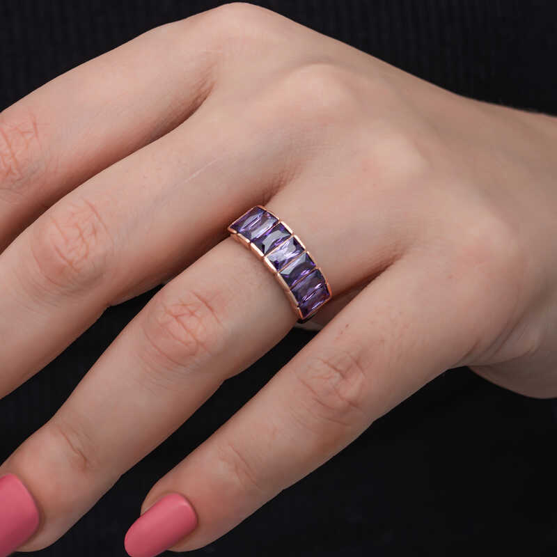 Silver Rose Baguette Amethyst Stone Women’s Ring