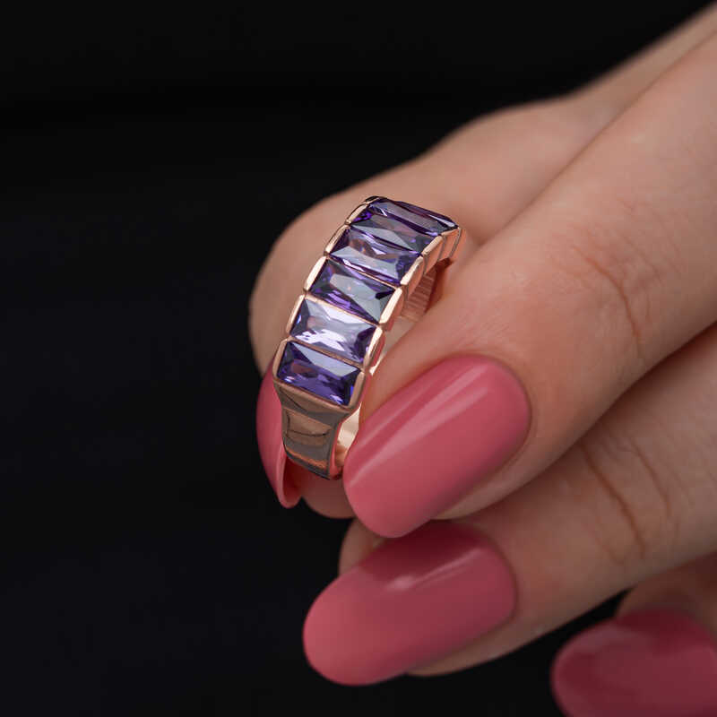 Silver Rose Baguette Amethyst Stone Women’s Ring