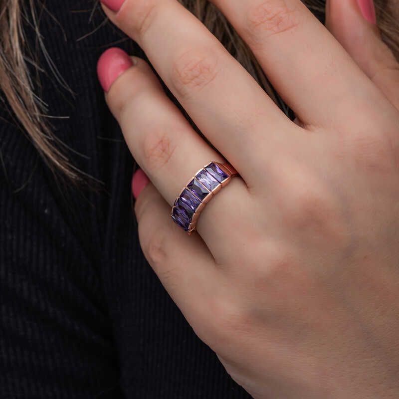 Silver Rose Baguette Amethyst Stone Women’s Ring