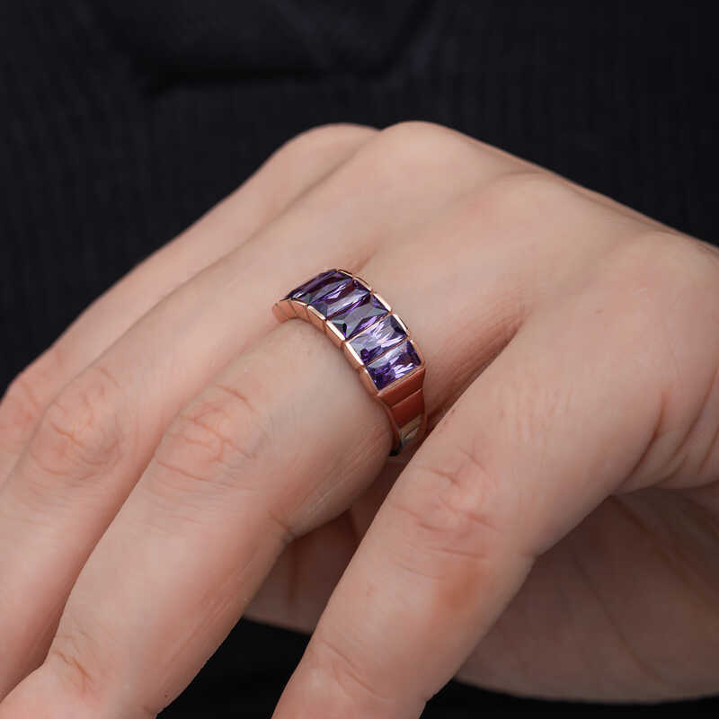 Silver Rose Baguette Amethyst Stone Women’s Ring