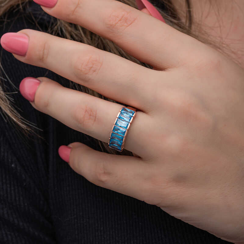 Silver Rose Baguette Aquamarine Stone Women’s Ring