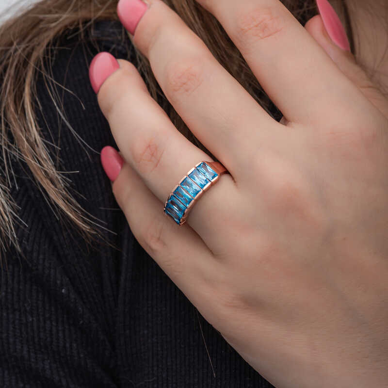 Silver Rose Baguette Aquamarine Stone Women’s Ring