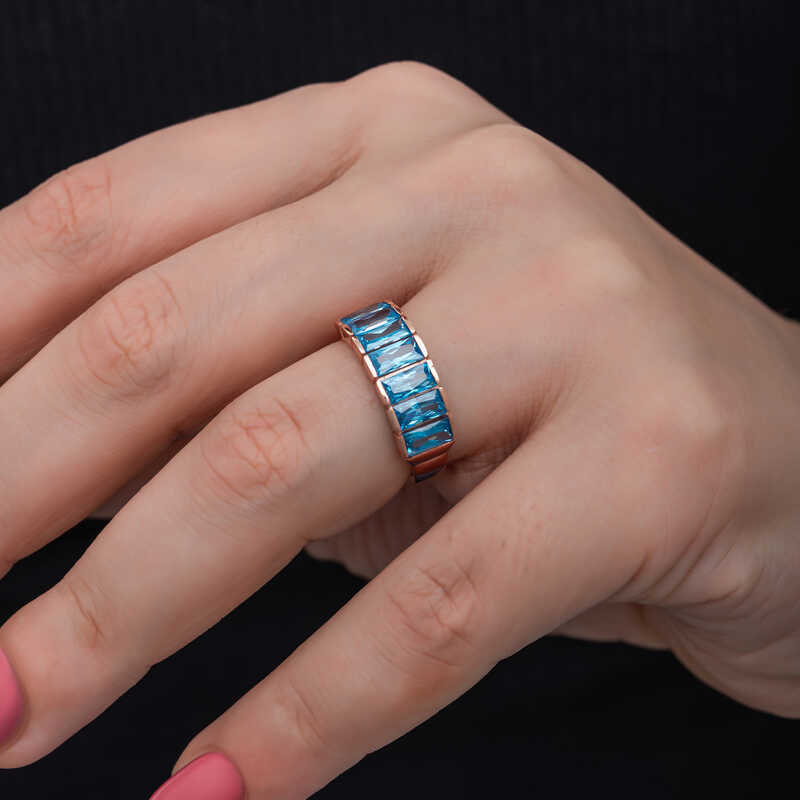 Silver Rose Baguette Aquamarine Stone Women’s Ring