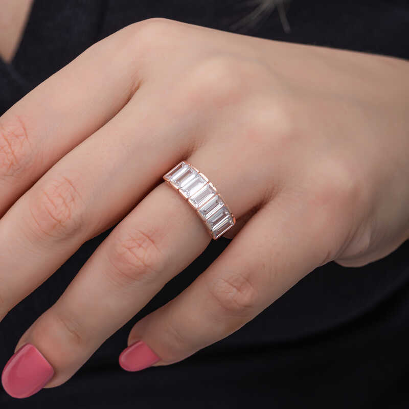 Silver Rose Baguette White Stone Women’s Ring
