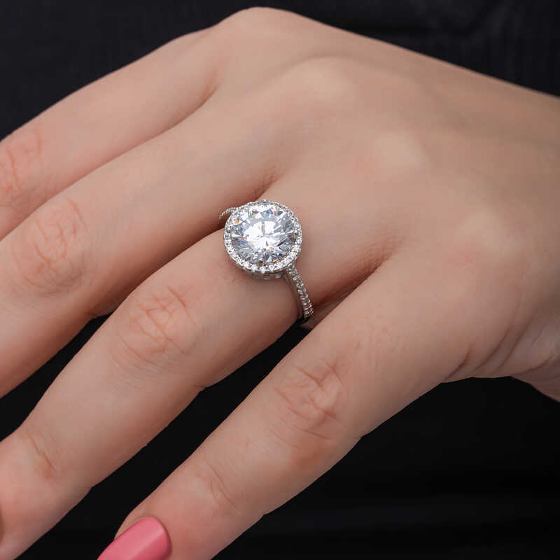 Silver Round Mounted Single Stone Women’s Ring