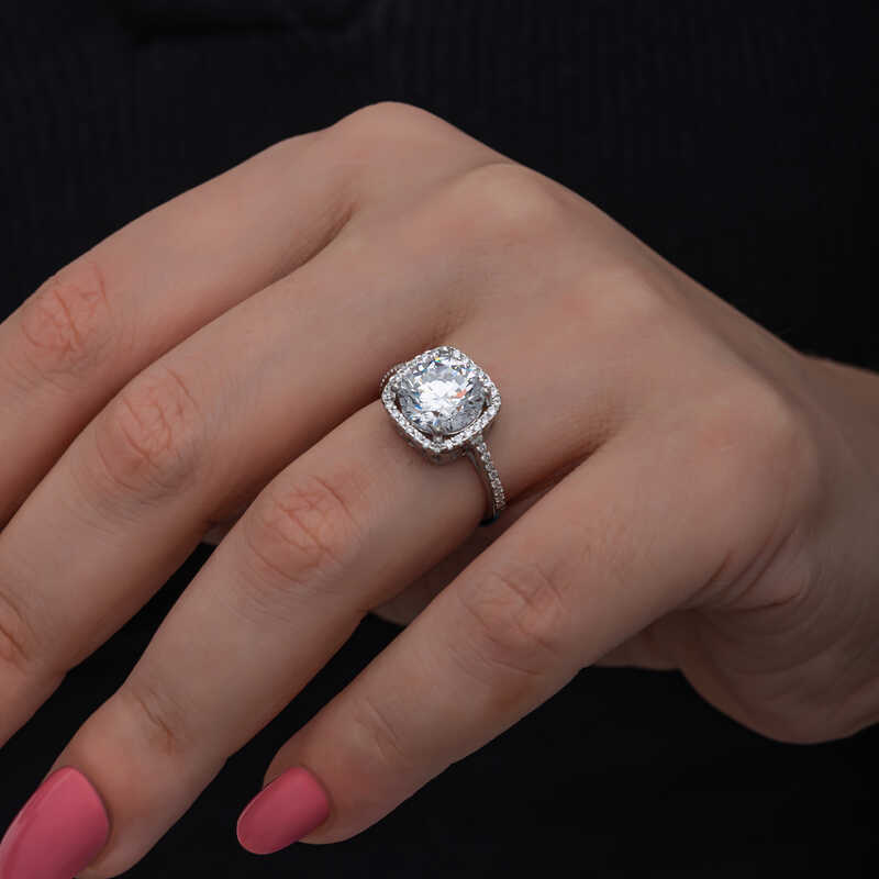 Silver Square Mounted Single Stone Women’s Ring