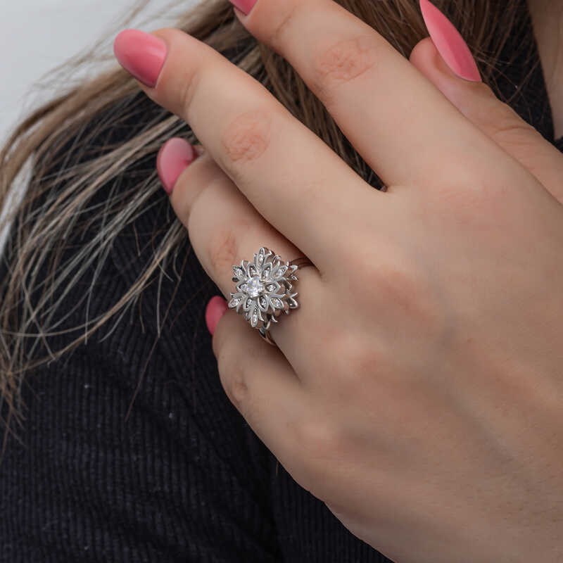 Silver Adjustable Snowflake Rotating Stress Women’s Ring