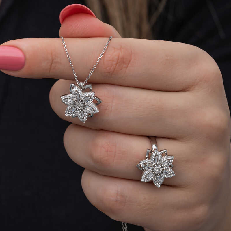 Silver Adjustable Star Baguette Stone Rotating Stress Set for Women