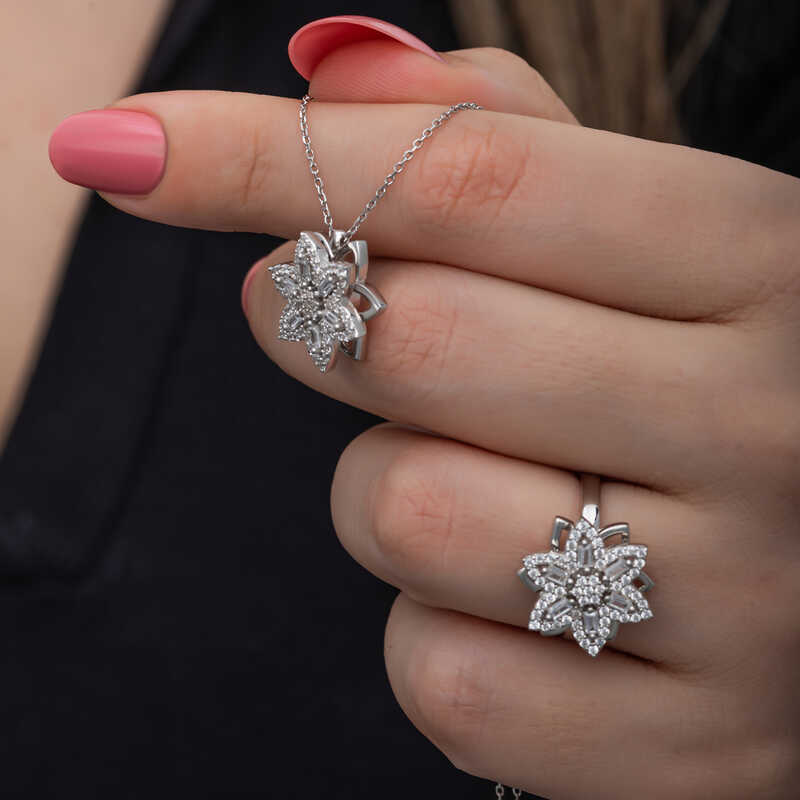 Silver Adjustable Star Baguette Stone Rotating Stress Set for Women