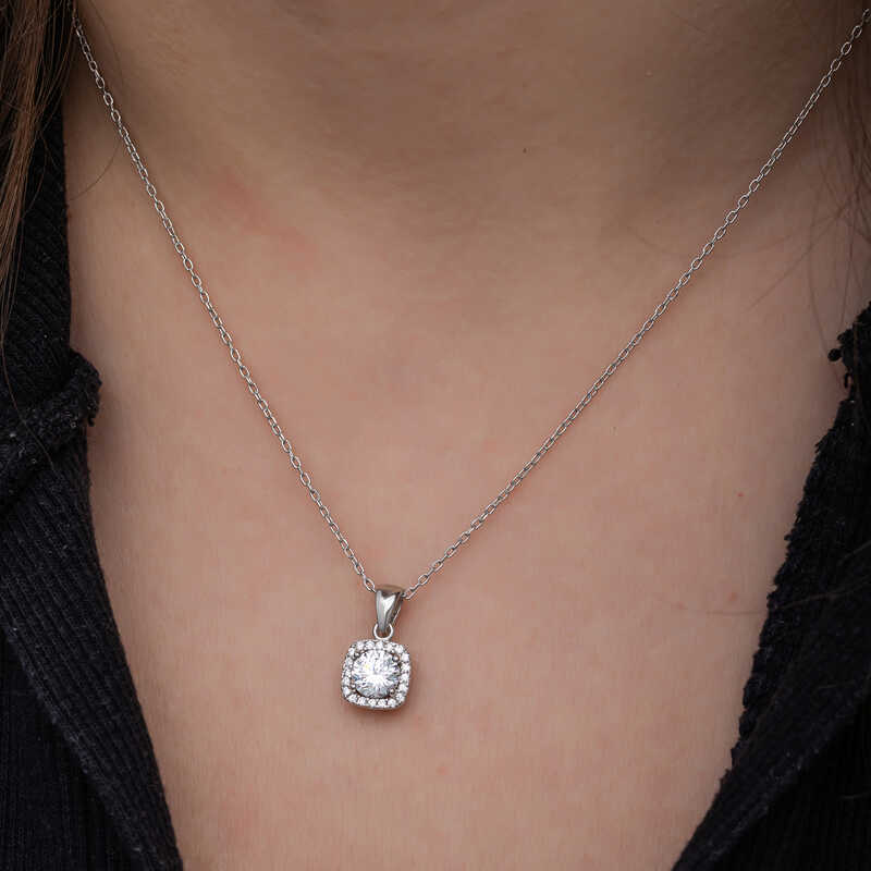 Silver Square Mounted Single Stone Women’s Necklace