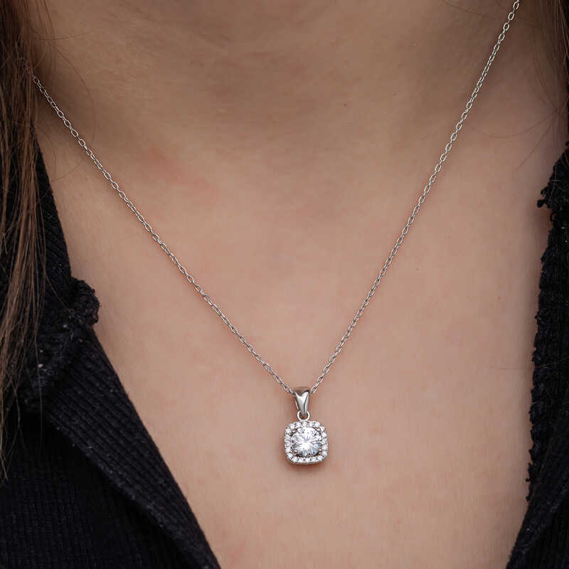 Silver Square Mounted Single Stone Women’s Necklace