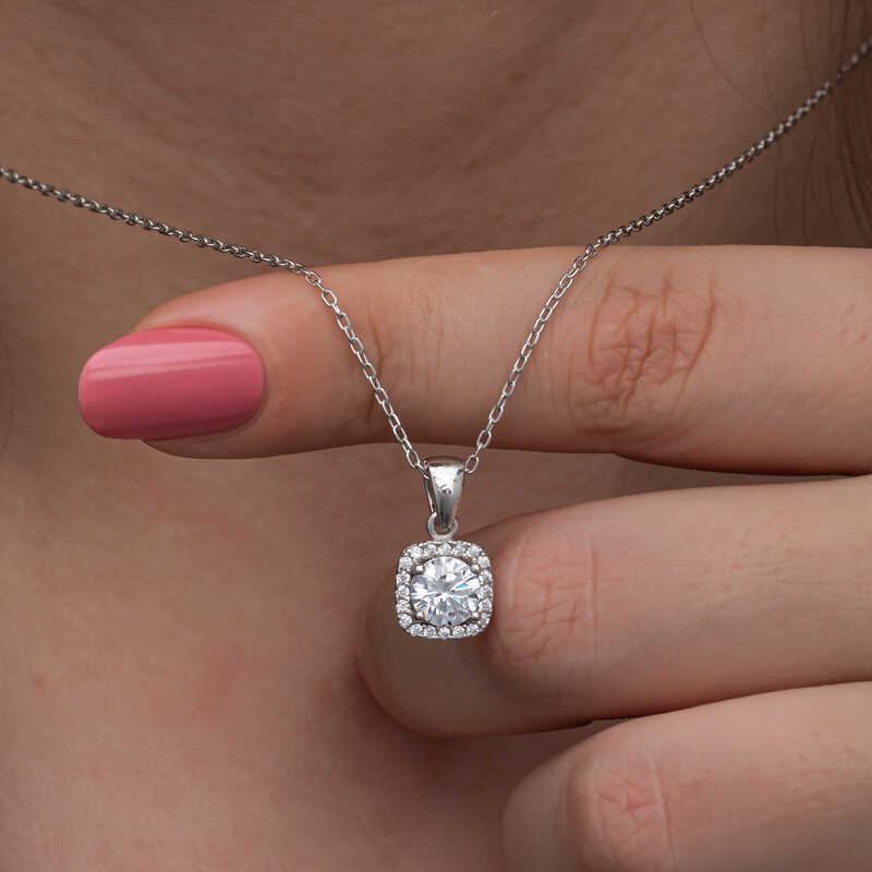 Silver Square Mounted Single Stone Women’s Necklace