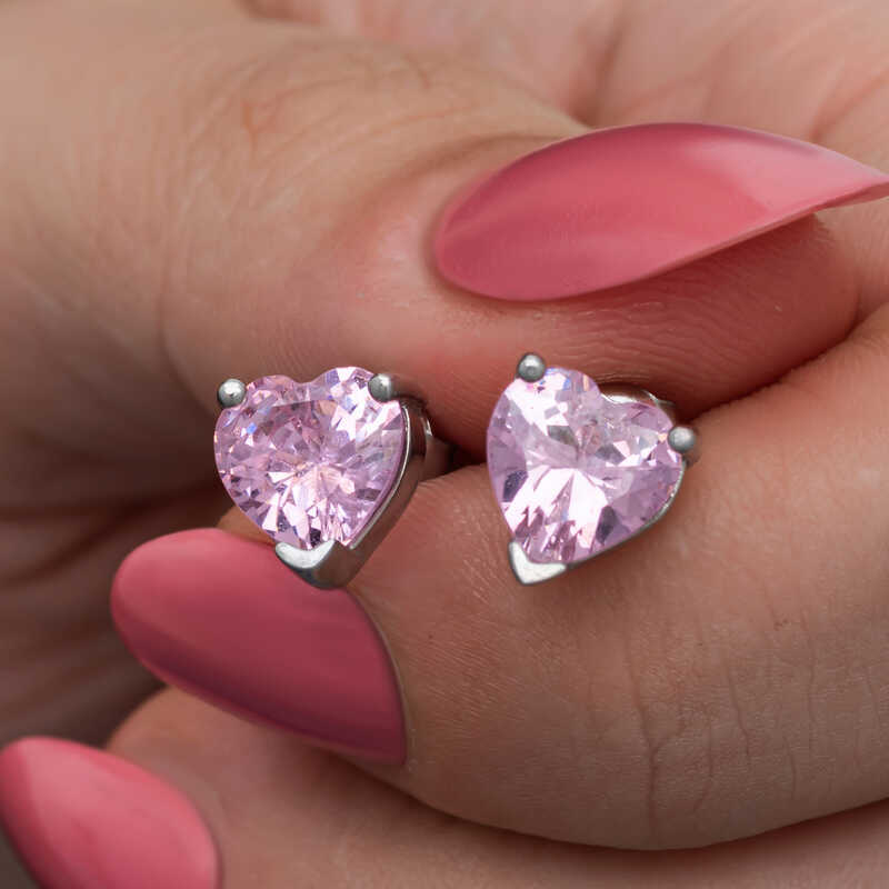 Silver Pink Stone Heart Stud Women’s Earrings