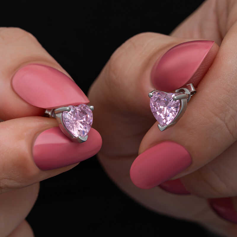 Silver Pink Stone Heart Stud Women’s Earrings