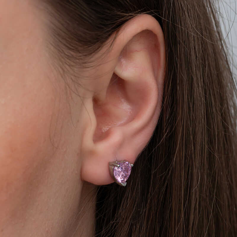 Silver Pink Stone Heart Stud Women’s Earrings