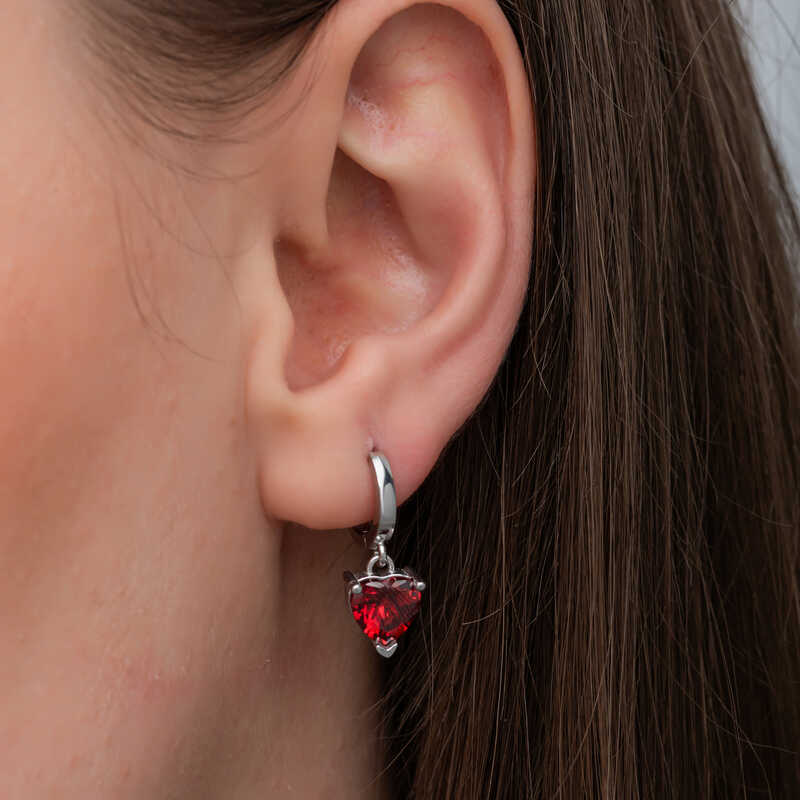 Silver Red Stone Heart Women’s Earrings